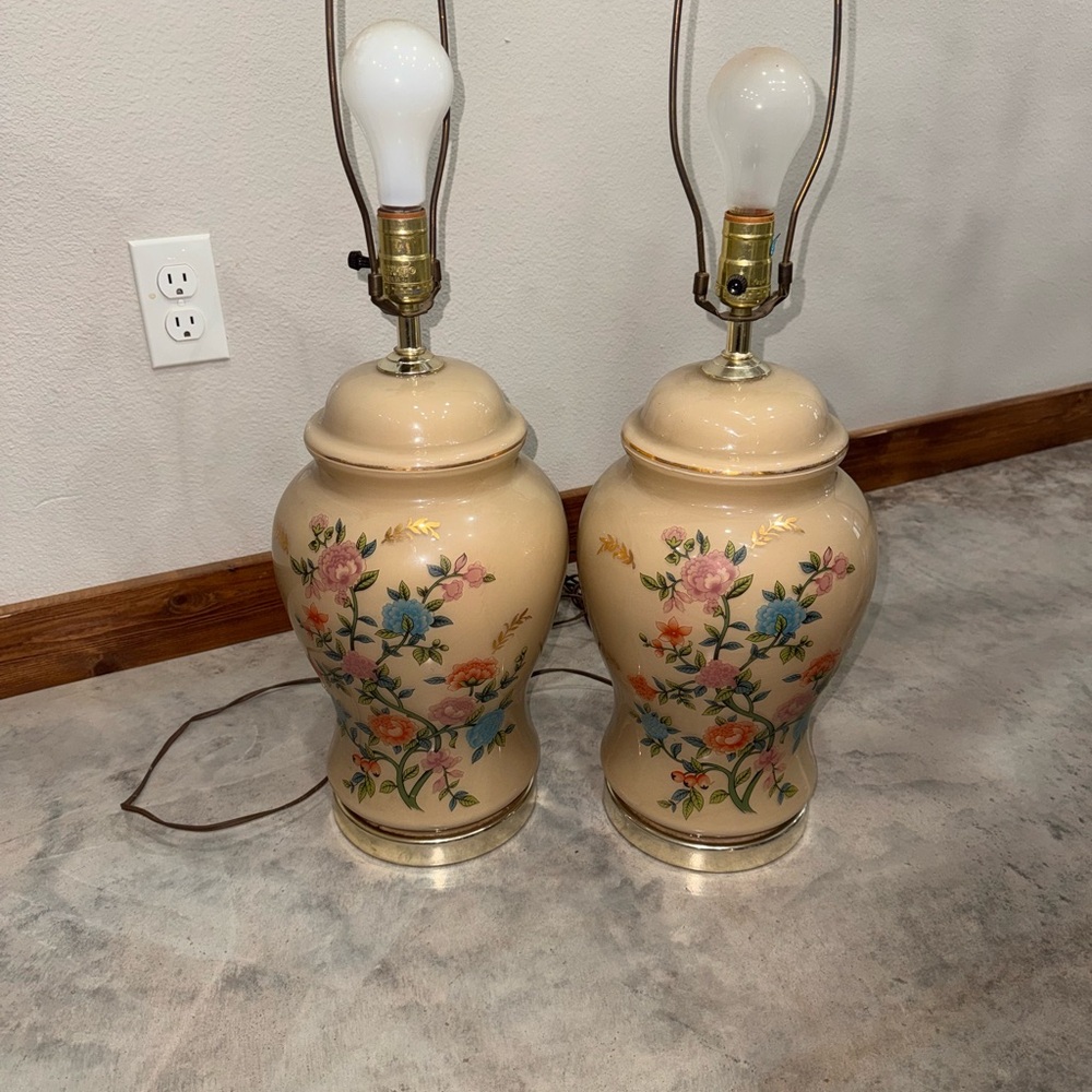 Pair of Vintage Chinese Ginger Jar Lamps Hand Painted Large Porcelain Beige